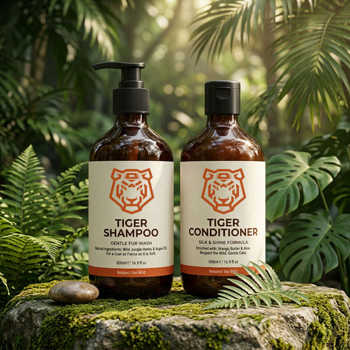 Shoptiger Tiger Shampoo and Conditioner Set (SKU: ST001, GTIN: 98227185) featuring pH-balanced formulas specifically developed for exotic feline coat care, combining deep-cleansing shampoo with moisturizing conditioner for professional tiger grooming and maintenance of striped fur health