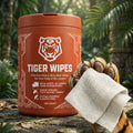Shoptiger Tiger Wipes (SKU: ST003, GTIN: 36172529) are extra-thick, hypoallergenic bum wipes designed for safe and effective cleaning of large felines. Infused with aloe and lanolin to soothe sensitive skin, these wipes are perfect for professional tiger handlers and exotic animal caretakers.